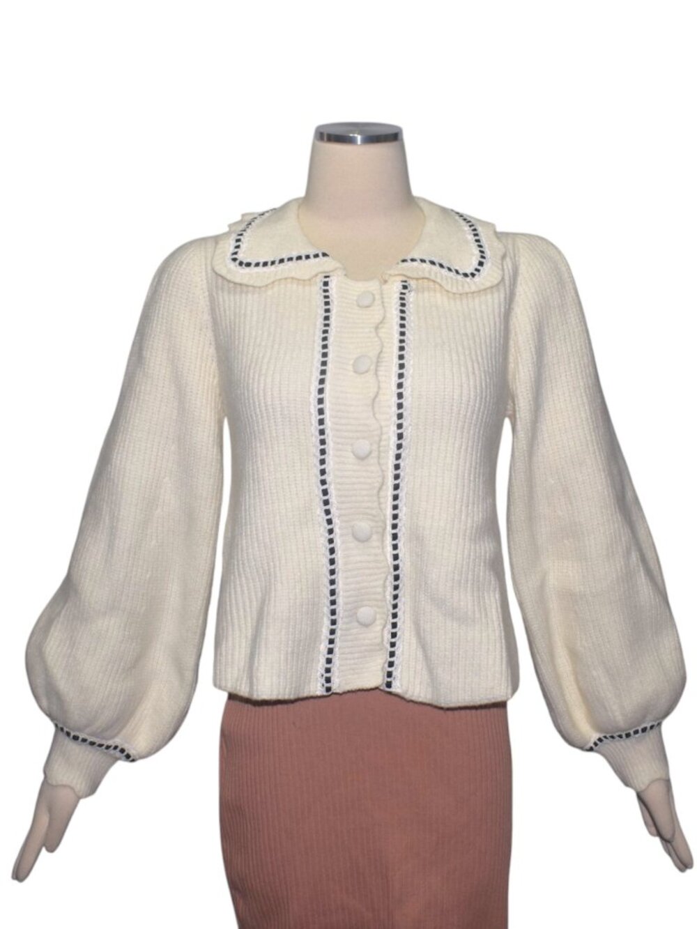 HYFVE Cream Ivory Sailor Collar Cardigan Sweater Black Trim Coquette Cottagecore